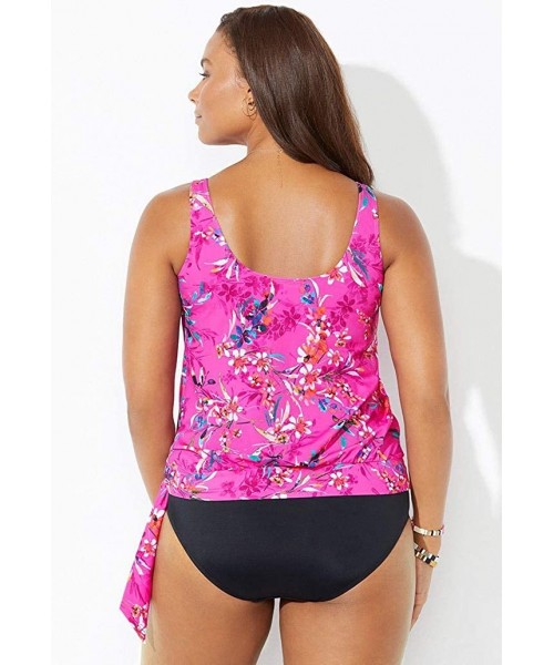 Tankinis Women's Plus Size Side Tie Blouson Tankini Top - Pink Floral - CW19E4KML6D