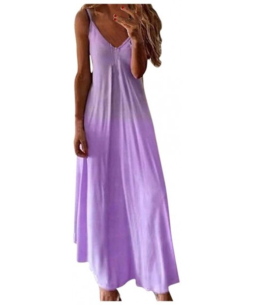 Cover-Ups Women's Sexy Spaghetti Strap Summer Long Dresses Sleeveless V-Neck Printed Casual Cami Maxi Beach Dress - Purple - ...