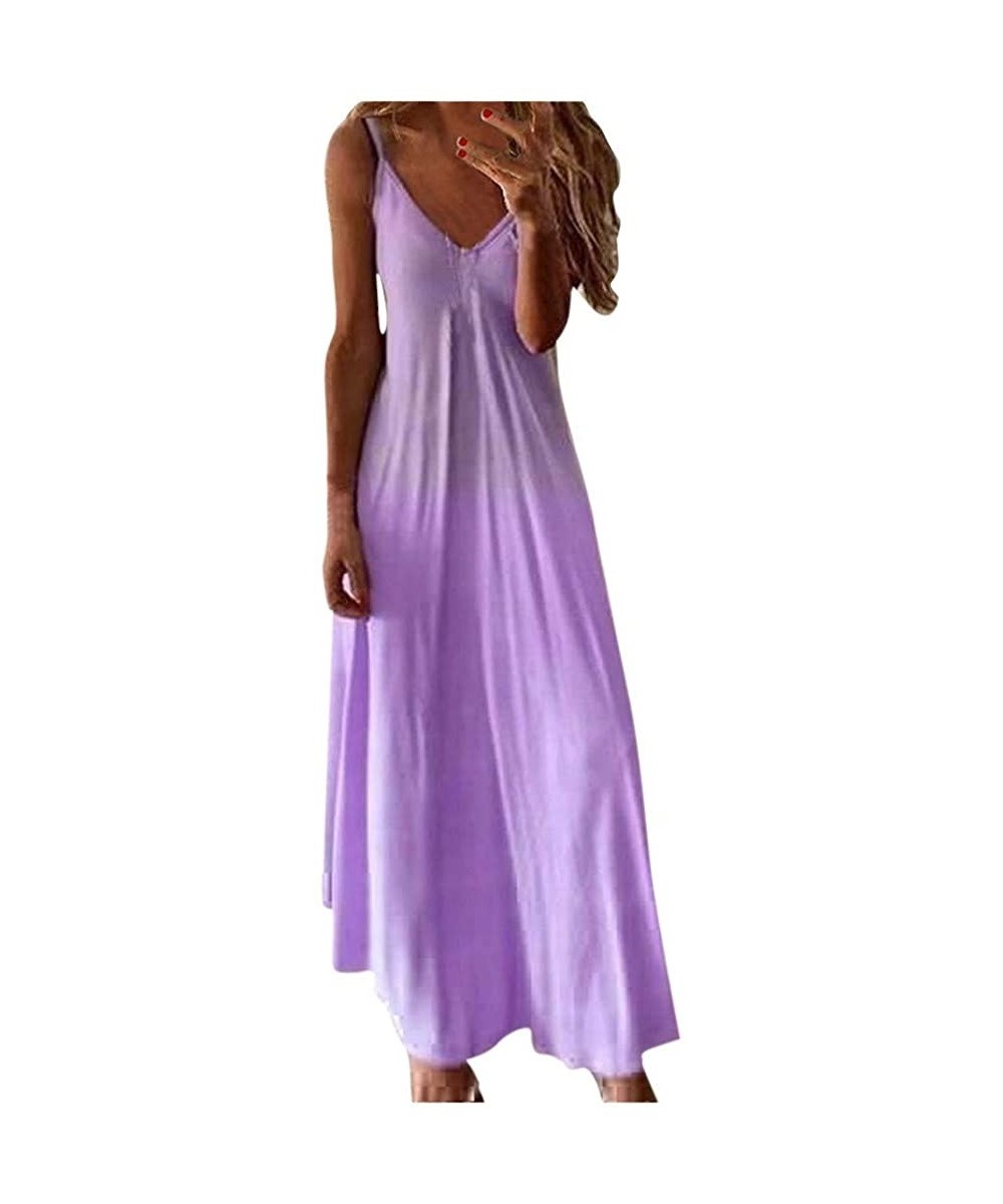 Cover-Ups Women's Sexy Spaghetti Strap Summer Long Dresses Sleeveless V-Neck Printed Casual Cami Maxi Beach Dress - Purple - ...