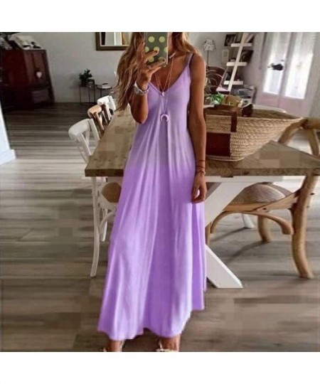 Cover-Ups Women's Sexy Spaghetti Strap Summer Long Dresses Sleeveless V-Neck Printed Casual Cami Maxi Beach Dress - Purple - ...