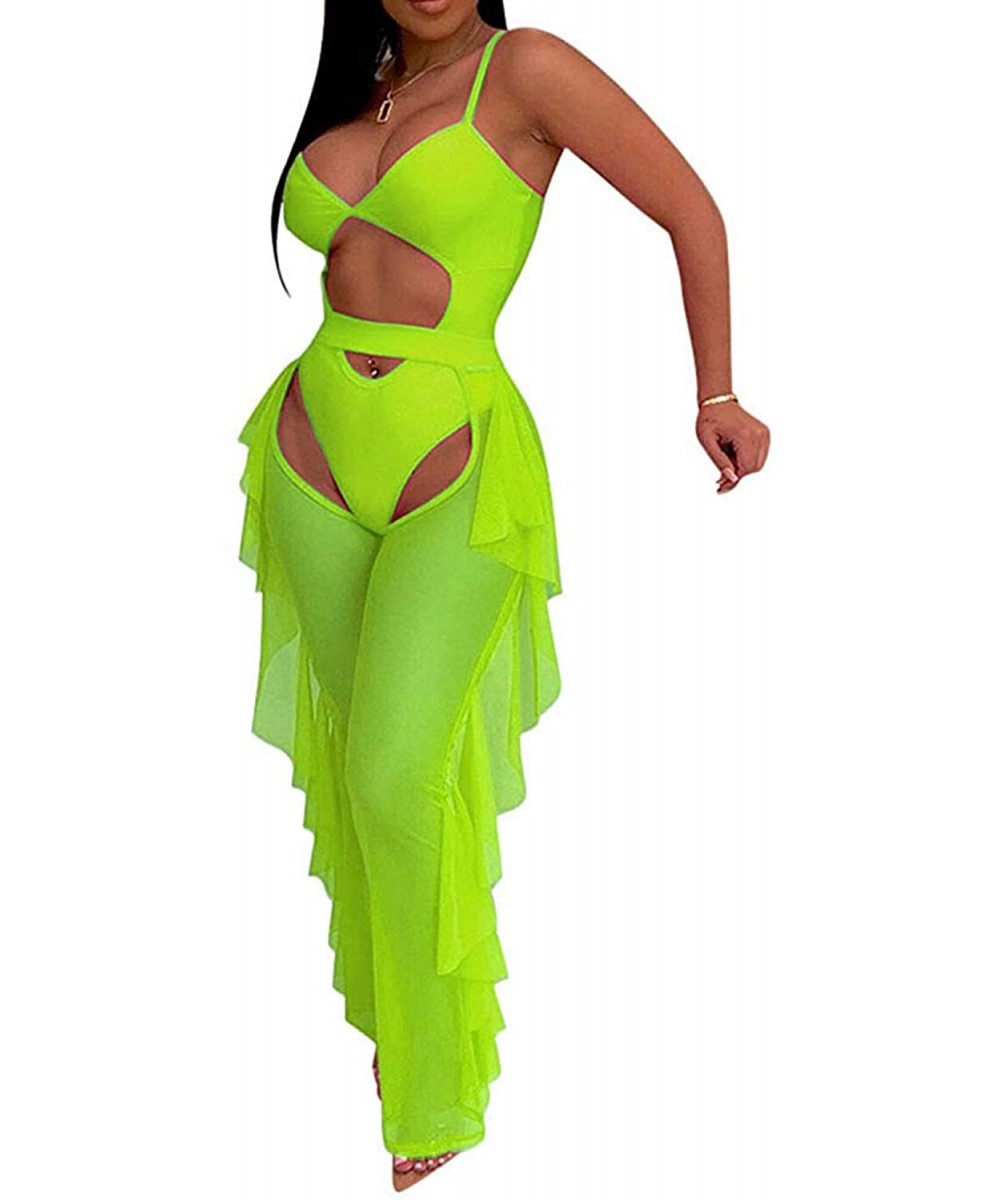 Sets Women Sexy Hollow Out 2 Pieces Outfits Clubwear Bodysuit + See Through Sheer Mesh Ruffles Long Pants - Green - CJ18TY8CEI8