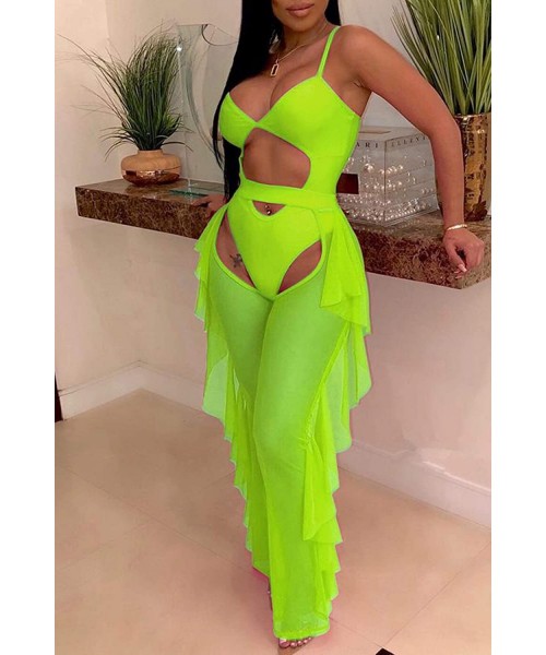 Sets Women Sexy Hollow Out 2 Pieces Outfits Clubwear Bodysuit + See Through Sheer Mesh Ruffles Long Pants - Green - CJ18TY8CEI8