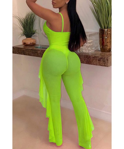 Sets Women Sexy Hollow Out 2 Pieces Outfits Clubwear Bodysuit + See Through Sheer Mesh Ruffles Long Pants - Green - CJ18TY8CEI8