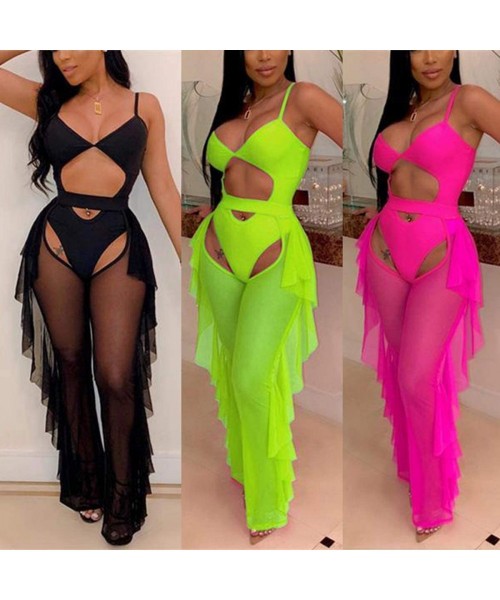 Sets Women Sexy Hollow Out 2 Pieces Outfits Clubwear Bodysuit + See Through Sheer Mesh Ruffles Long Pants - Green - CJ18TY8CEI8