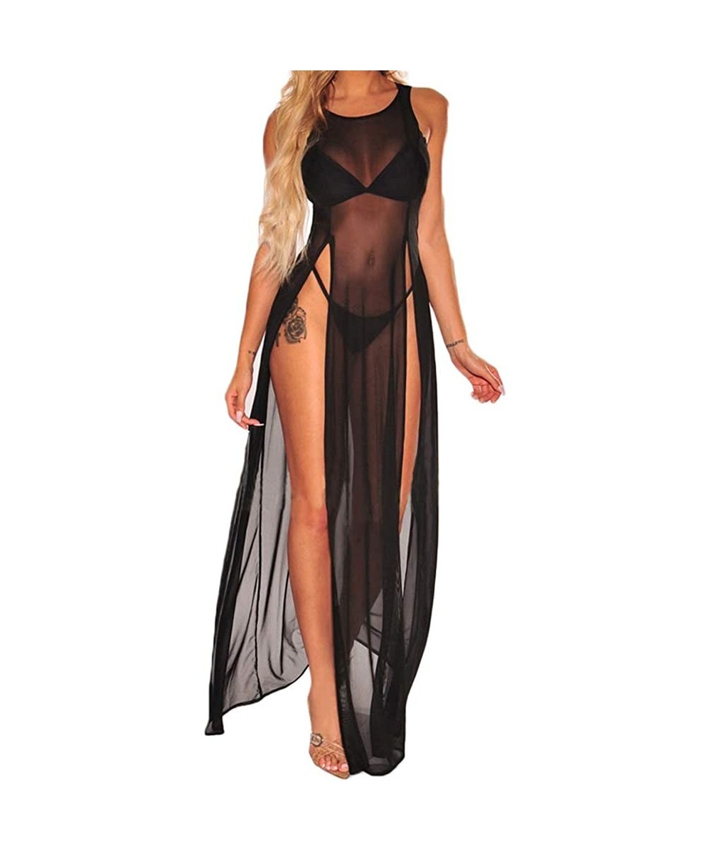 Cover-Ups Women's Sexy Lingerie Sleepwear Night Gown Mesh See Through Slit Maxi Dress Bikini Cover Up - Black-split - C818RAQ...