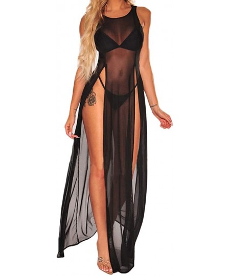 Cover-Ups Women's Sexy Lingerie Sleepwear Night Gown Mesh See Through Slit Maxi Dress Bikini Cover Up - Black-split - C818RAQ...