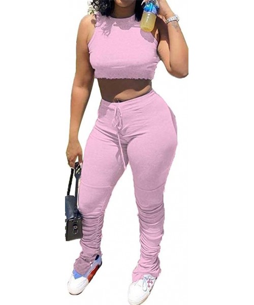 Sets Women 2 Piece Crop Top Outfits High Waist Skinny Ruched Sweapants Sets Clubwear - H-pink - C519CQHQA2E