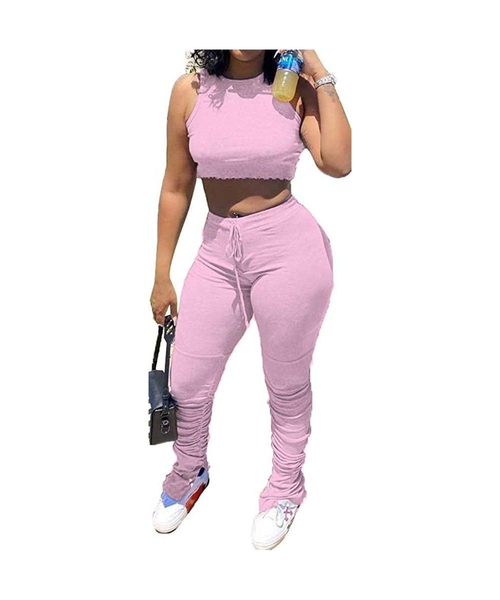 Sets Women 2 Piece Crop Top Outfits High Waist Skinny Ruched Sweapants Sets Clubwear - H-pink - C519CQHQA2E