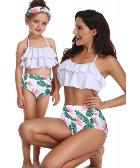 Racing Mother and Baby Family Match Swimwear Floral Printed Two Piece Bikini - White/Green - CP18QIKW6ZH