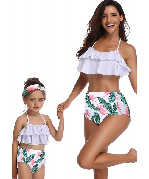 Racing Mother and Baby Family Match Swimwear Floral Printed Two Piece Bikini - White/Green - CP18QIKW6ZH