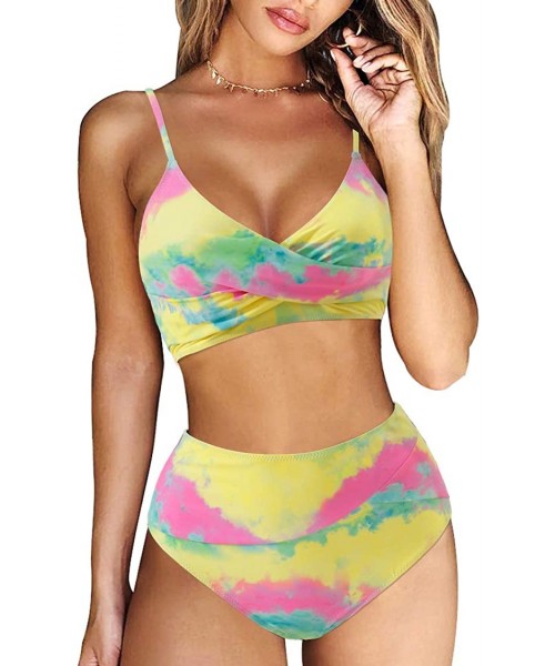 Sets Womens Sexy Cross Push Up Bikini High Waisted Two Piece Swimsuits - Yellow Tie-dye - C219050GL0S