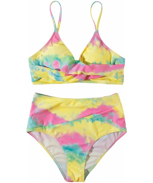 Sets Womens Sexy Cross Push Up Bikini High Waisted Two Piece Swimsuits - Yellow Tie-dye - C219050GL0S