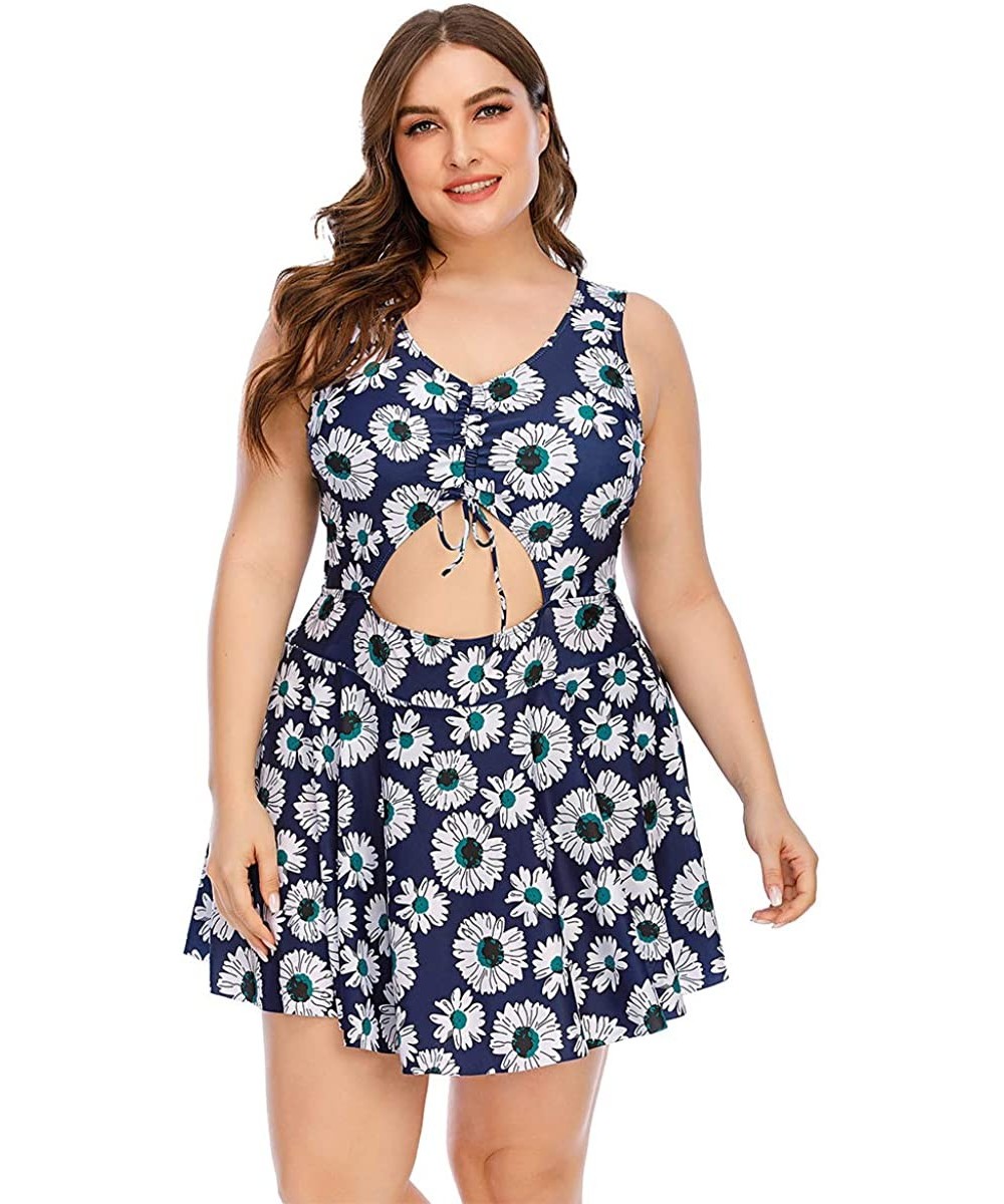 One-Pieces Plus Size Floral Prinit Halter Swimwear One Piece Pin up Tankini Swimwear - Blue2 - CA1907WD79D