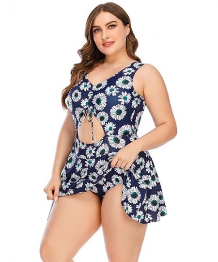 One-Pieces Plus Size Floral Prinit Halter Swimwear One Piece Pin up Tankini Swimwear - Blue2 - CA1907WD79D