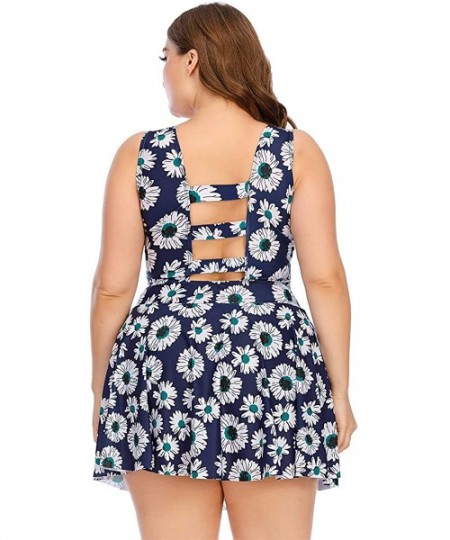 One-Pieces Plus Size Floral Prinit Halter Swimwear One Piece Pin up Tankini Swimwear - Blue2 - CA1907WD79D