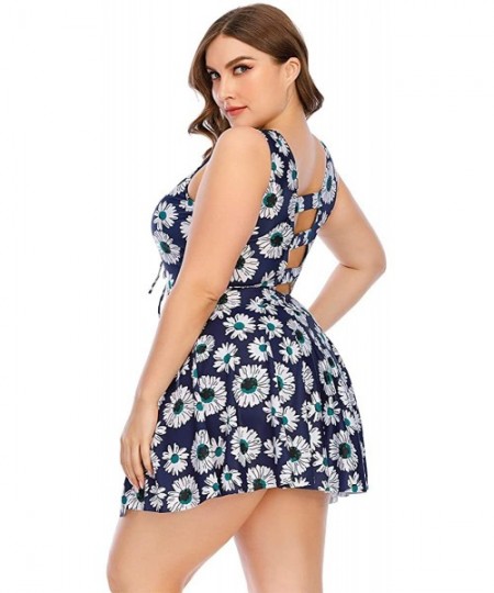 One-Pieces Plus Size Floral Prinit Halter Swimwear One Piece Pin up Tankini Swimwear - Blue2 - CA1907WD79D