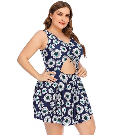 One-Pieces Plus Size Floral Prinit Halter Swimwear One Piece Pin up Tankini Swimwear - Blue2 - CA1907WD79D