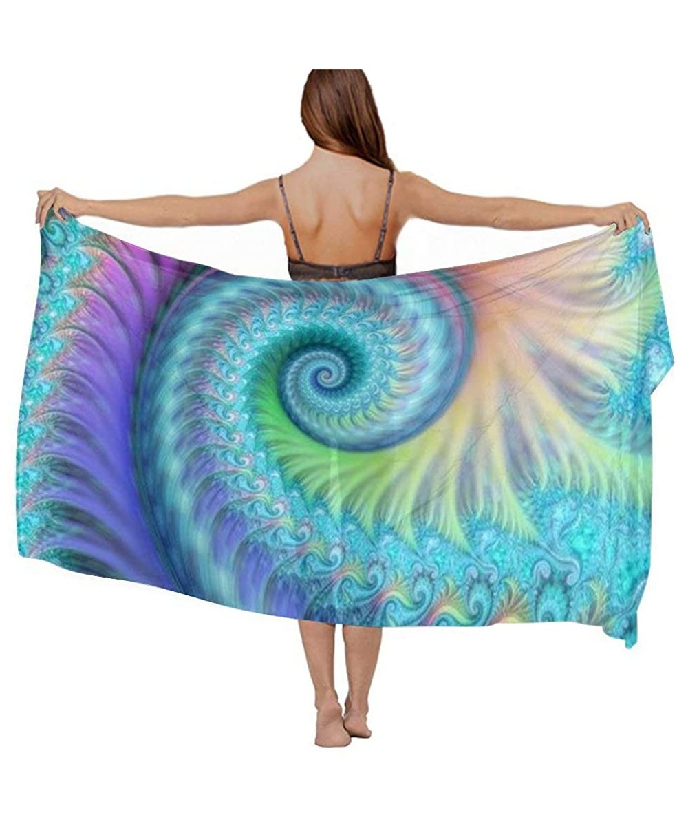 Cover-Ups Women Chiffon Scarf Summer Beach Wrap Skirt Swimwear Bikini Cover-up - Fractal Turquoise Blue Tie Dye Octopus - C21...