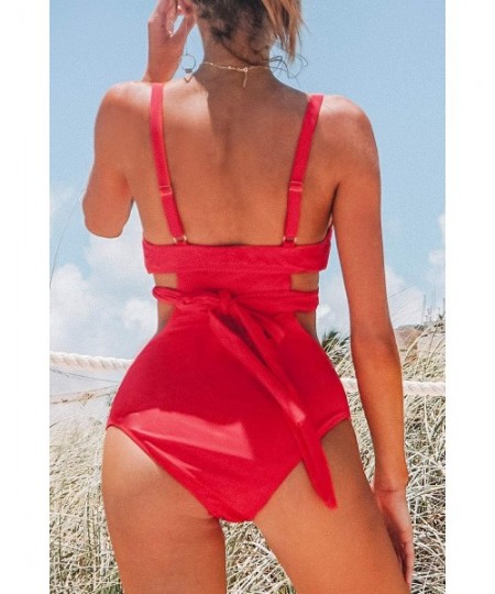 One-Pieces Women's Red Cutout Molded Cups Lined One Piece Swimsuit - Red - C918XELG6E0