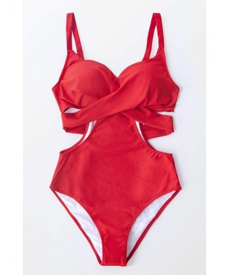 One-Pieces Women's Red Cutout Molded Cups Lined One Piece Swimsuit - Red - C918XELG6E0