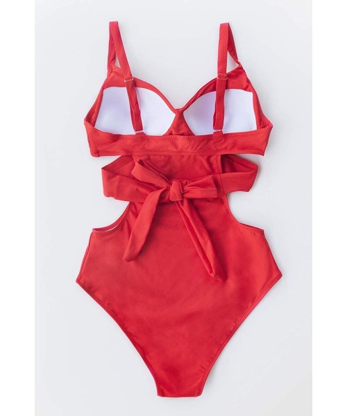 One-Pieces Women's Red Cutout Molded Cups Lined One Piece Swimsuit - Red - C918XELG6E0