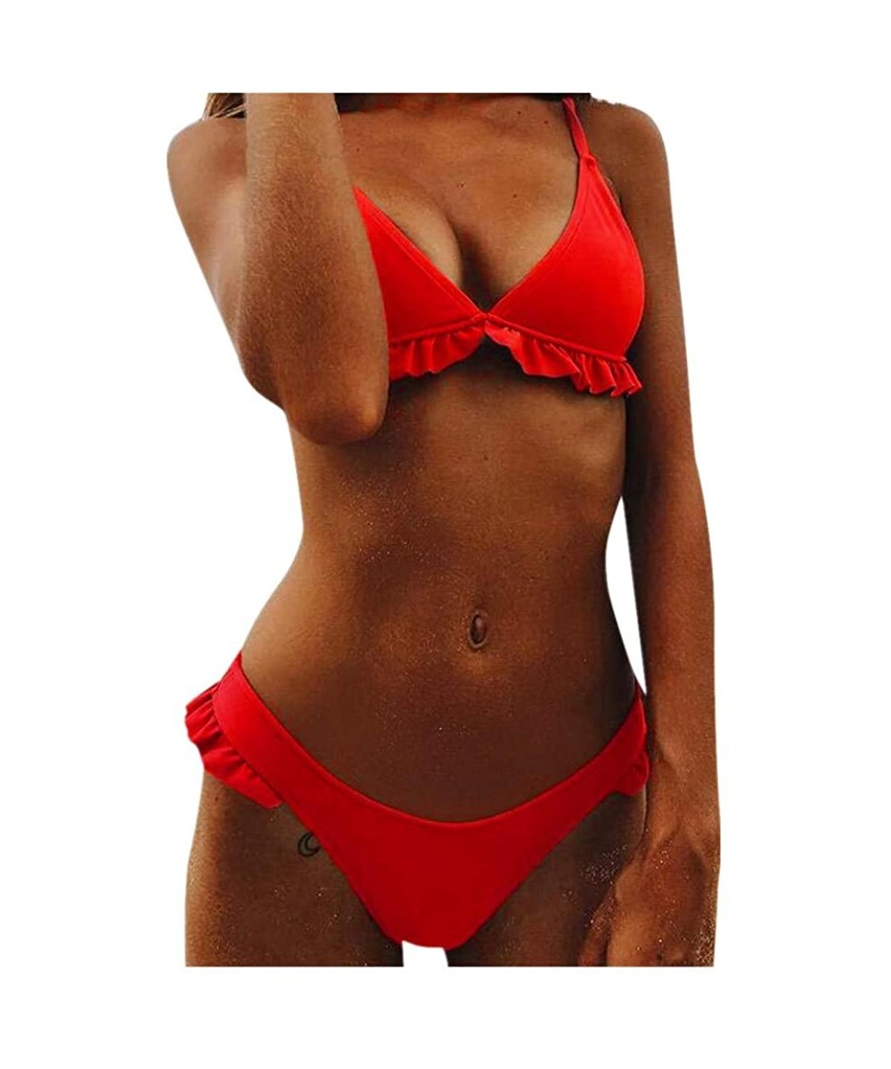 Sets Swimsuit for Women-Two Piece Bathing Suits Push Up Padded Ruffle Triangle Top with Bottom Bikini Set - Red - C41952NOMKC