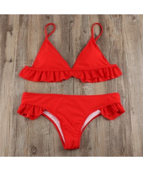 Sets Swimsuit for Women-Two Piece Bathing Suits Push Up Padded Ruffle Triangle Top with Bottom Bikini Set - Red - C41952NOMKC