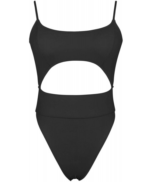 One-Pieces Womens Scoop Neck Cutout Front Ruffle Back High Cut Monokini One Piece Swimsuit - Black - CG193Y9C9EI