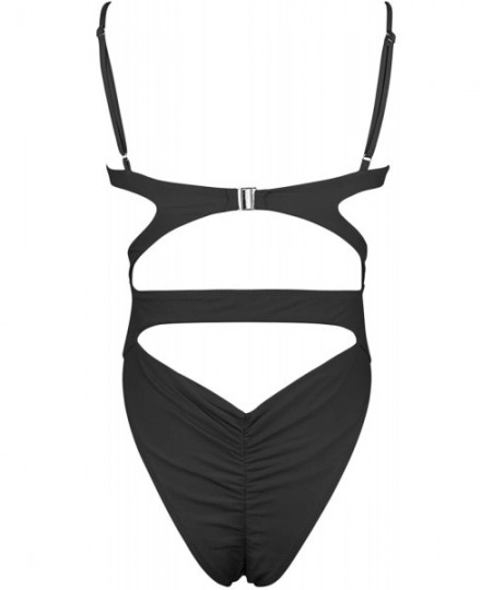 One-Pieces Womens Scoop Neck Cutout Front Ruffle Back High Cut Monokini One Piece Swimsuit - Black - CG193Y9C9EI