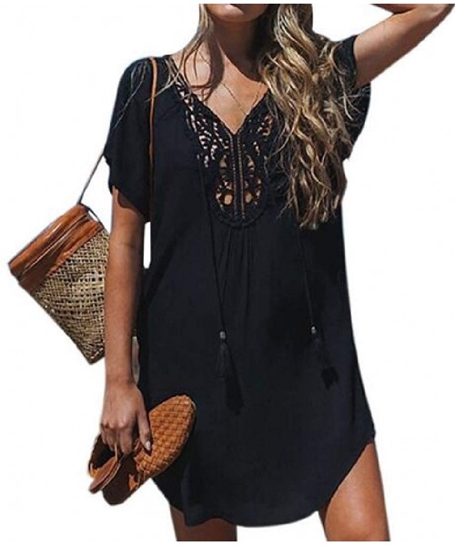 Cover-Ups Womens Bathing Suits Cover Up Lace Short Sleeve Summer V-Neck Beach Mini Dress - Black - C3199RNM0KE