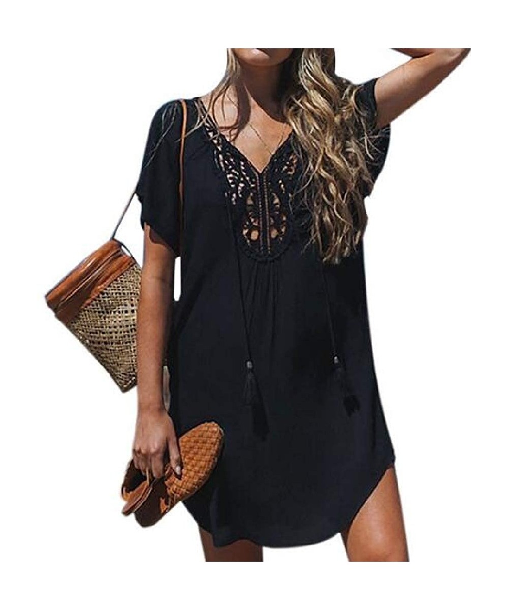 Cover-Ups Womens Bathing Suits Cover Up Lace Short Sleeve Summer V-Neck Beach Mini Dress - Black - C3199RNM0KE