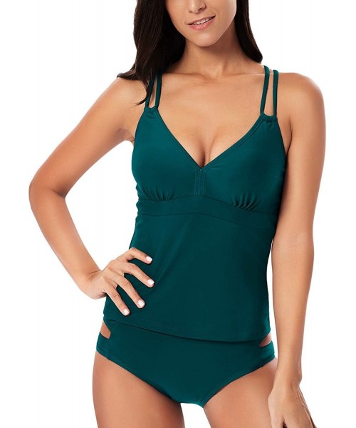 Sets Women's V Neck Tankini Set Strappy Bathing Suit Cross Back Cutout Two Piece Swimsuits - Green - C319C9N37NQ