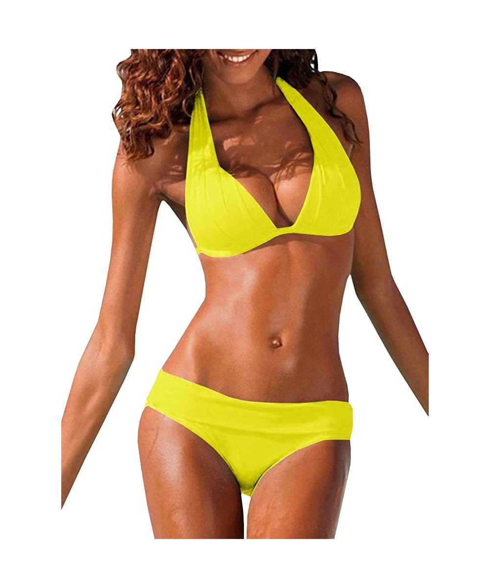 Sets Womens Padded Halter Bikini Set Two Piece Swimsuits Bathing Suits - Yellow - CL18CTESCLD