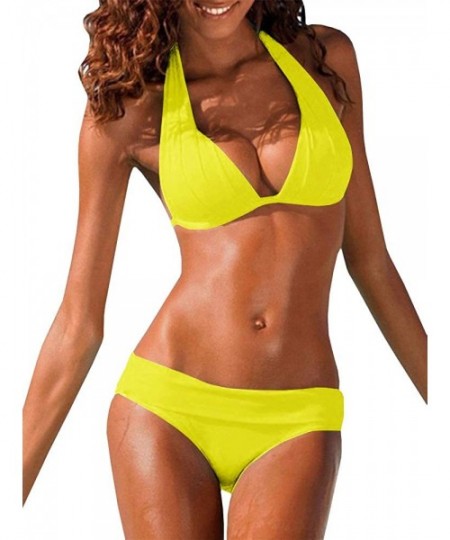 Sets Womens Padded Halter Bikini Set Two Piece Swimsuits Bathing Suits - Yellow - CL18CTESCLD