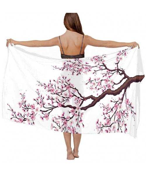 Cover-Ups Women Luxury Chiffon Swimwear Cover Up Oversize Beach Sarong Shawl Wrap Branch of a Flourishing Sakura Cherry Bloss...