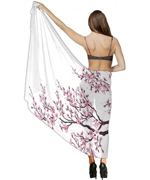 Cover-Ups Women Luxury Chiffon Swimwear Cover Up Oversize Beach Sarong Shawl Wrap Branch of a Flourishing Sakura Cherry Bloss...