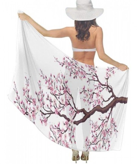 Cover-Ups Women Luxury Chiffon Swimwear Cover Up Oversize Beach Sarong Shawl Wrap Branch of a Flourishing Sakura Cherry Bloss...