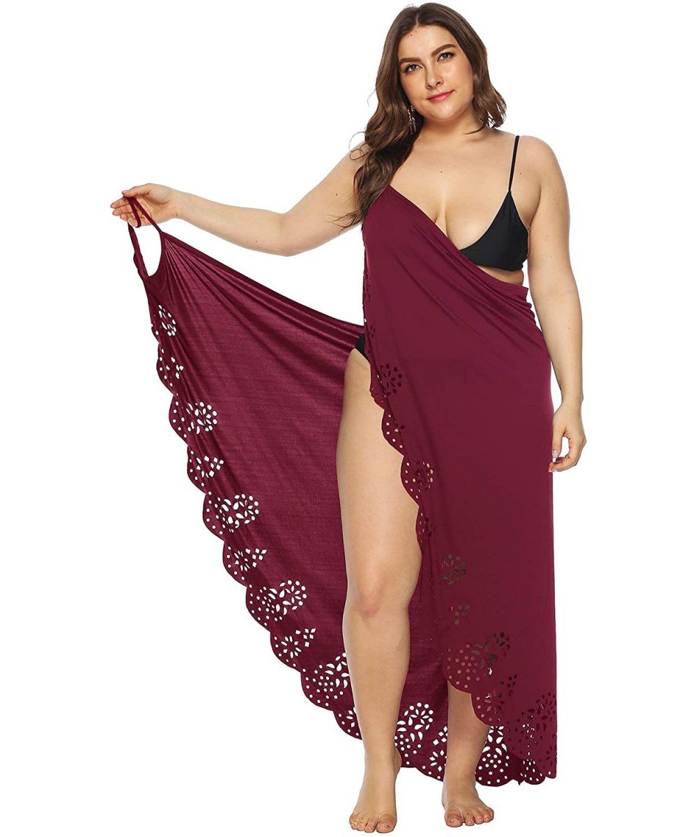 Cover-Ups Womens Plus Size Spaghetti Strap Cover Up Dress Sexy Backless Hollowed-Out Dress XL-XXXXL - Burgundy - C818W0DWN20