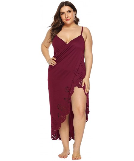 Cover-Ups Womens Plus Size Spaghetti Strap Cover Up Dress Sexy Backless Hollowed-Out Dress XL-XXXXL - Burgundy - C818W0DWN20