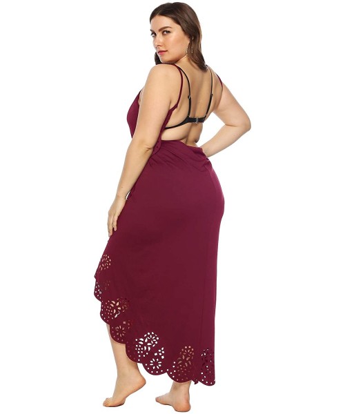 Cover-Ups Womens Plus Size Spaghetti Strap Cover Up Dress Sexy Backless Hollowed-Out Dress XL-XXXXL - Burgundy - C818W0DWN20