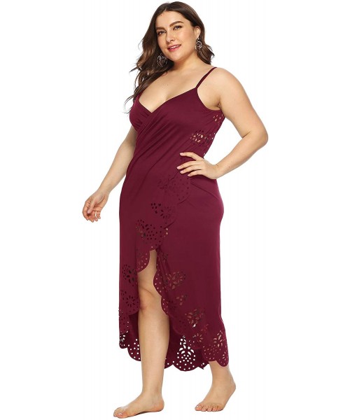 Cover-Ups Womens Plus Size Spaghetti Strap Cover Up Dress Sexy Backless Hollowed-Out Dress XL-XXXXL - Burgundy - C818W0DWN20