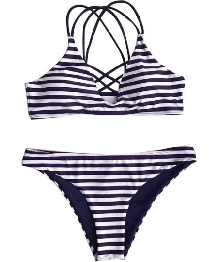 Sets Women's Stripe Printing Strappy Cross Padding Bikini Set Beach Swimwear Bathing Suit - Stripe - CK17X0EO4CQ