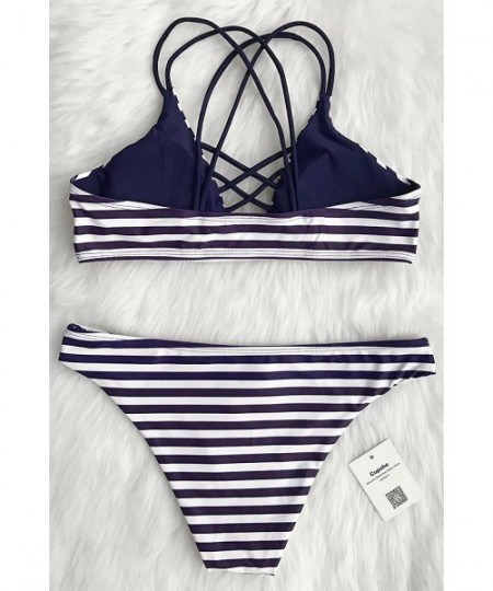 Sets Women's Stripe Printing Strappy Cross Padding Bikini Set Beach Swimwear Bathing Suit - Stripe - CK17X0EO4CQ