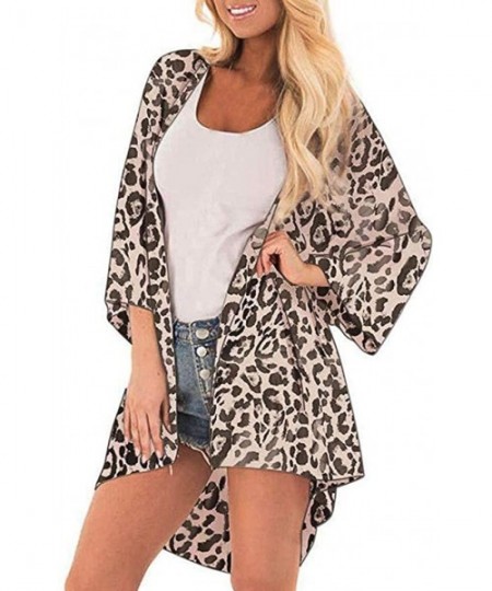 Cover-Ups Women's Long Sleeve Cover Up Ladies Summer Leopard Print Loose Casual Blouse Kimono Cardigan Capes Cover Beachwear ...