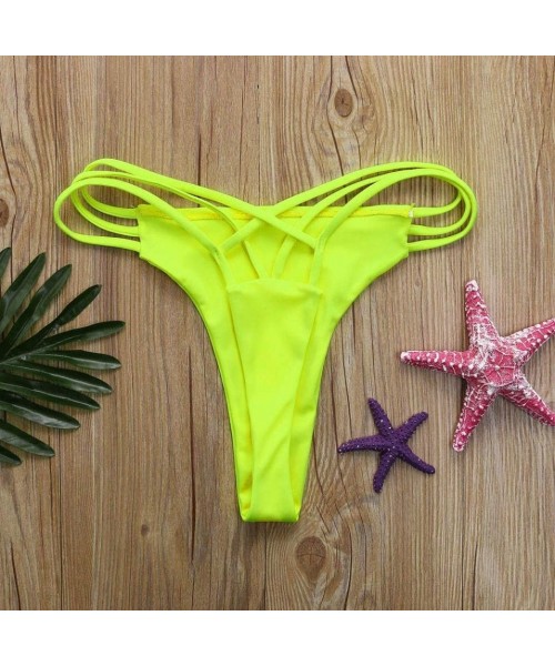 Bottoms 2018 Summer Sexy Brazilian Bikini Bottom Thong Strappy Cheeky Swimsuit Swim Hipster G-String - Fluorescent Yellow - C...