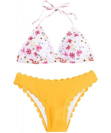 Sets Women's Sexy Bathing Suits Scallop Halter Bikini Top Floral Print Two Piece Swimsuits - Yellow-1 - CC19CGTWTXQ