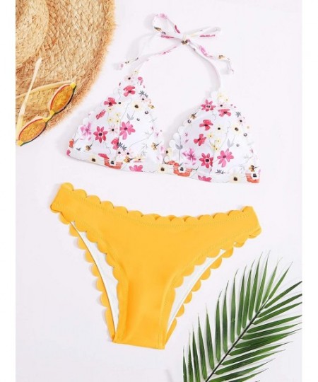 Sets Women's Sexy Bathing Suits Scallop Halter Bikini Top Floral Print Two Piece Swimsuits - Yellow-1 - CC19CGTWTXQ