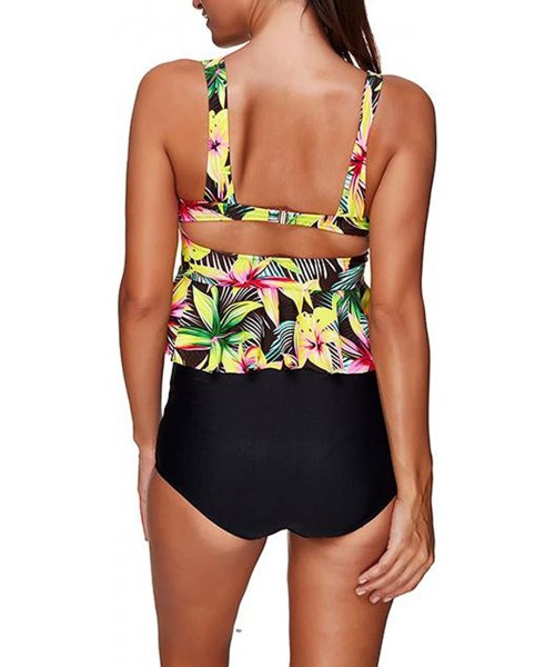 Sets Womens Sexy Tankini Tropical Floral Peplum Swimsuit Two Pieces Bathing Suits - Yellow - CP18CEDIWUS