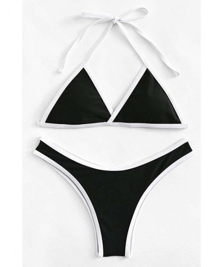 Sets Women Triangle Bikini Sets Two Pieces Swimsuit Sexy Halter Cheeky Brazilian Bottom Bathing Suit - Black - CC18D2SRQM8