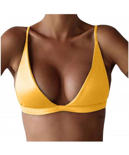 Sets Women Deep V-Neck Push-Up Padded Bikini Top Bandeau Swimwear Bra Swimsuit Solid Sexy Strap Beachwear - Yellow - CC18OQI7LTX